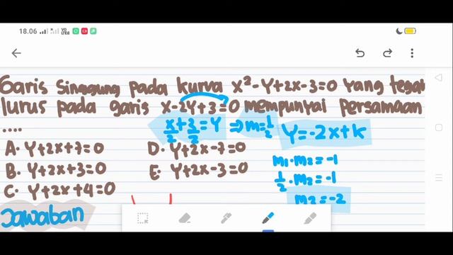 Garis singgung pada kurva x²-y+2x-3=0 yang tegak lurus pada garis x-2y+3=0 mempunyai persamaan... смотреть онлайн