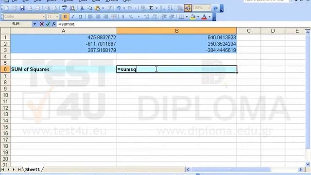 In cell B6 calculate the sum of squares of cell range A1:B3 using a single function. смотреть онлайн