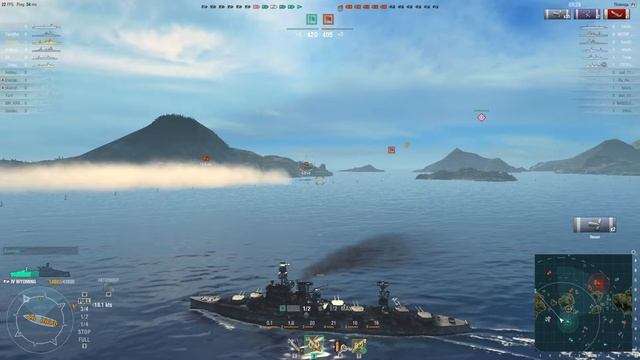 World Of Warships - линкор Wyoming 3 фрага, победа на ниточке)