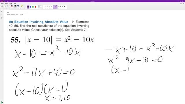 abs(x - 10) = x^2 - 10x, solve for x смотреть онлайн