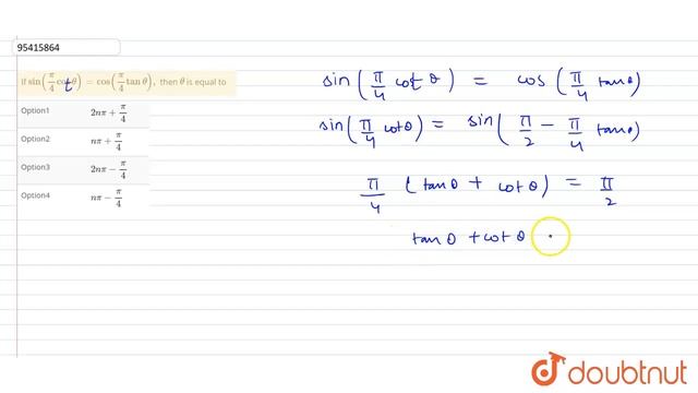 If `sin((pi)/(4)costheta)=cos((pi)/(4)tantheta),` then `theta` is equal to смотреть онлайн