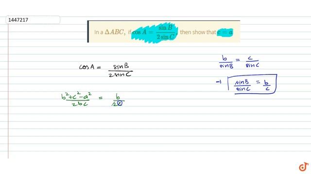 In a ` Delta A B C ,`
if `cos A=( sin B)/(2sin C),`
then show that `c=adot` смотреть онлайн