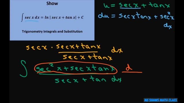 Show integral of sec x dx = ln |sec x + tan x| + C смотреть онлайн
