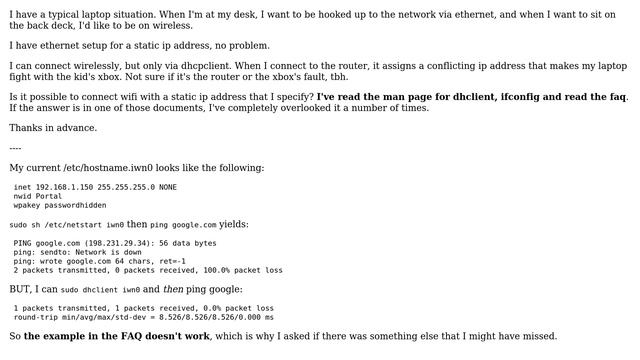 Unix & Linux: How do I set a wireless static IP address on an OpenBSD 5.7 laptop? смотреть онлайн