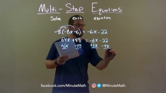 Solve -8(-8x-6)=-6x-22 смотреть онлайн