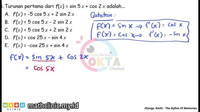 bsp9 34 | Turunan pertama dari f(x) = sin 5 x + cos 2 x adalah... смотреть онлайн
