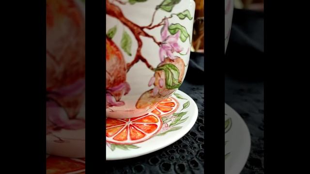 Роспись надглазурными красками. Авторская работа. Большая крушка и блюдце "Апельсиновое счастье". смотреть онлайн