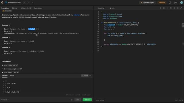 [RU] LeetCode 209 Minimum Size Subarray Sum [JavaScript] смотреть онлайн