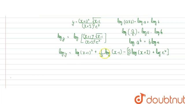 Y=((x+1)^(2)cdot Sqrt(x-1))/((x+3)^(3)e^(x)) Find Dy/dx | 12 | Continuity And Differentiability ...