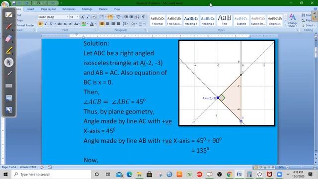 Equation of the sides of a right isosceles triangle whose vertex is (-2,-3) and whose base is x=0. смотреть онлайн