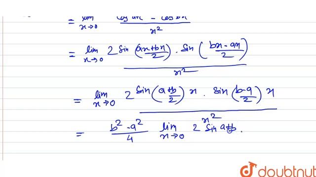 निम्न सीमाओं का मूल्यांकन कीजिए : `underset(xrarr0)(lim)(cos ax-cos bx)/(x^(2))` смотреть онлайн