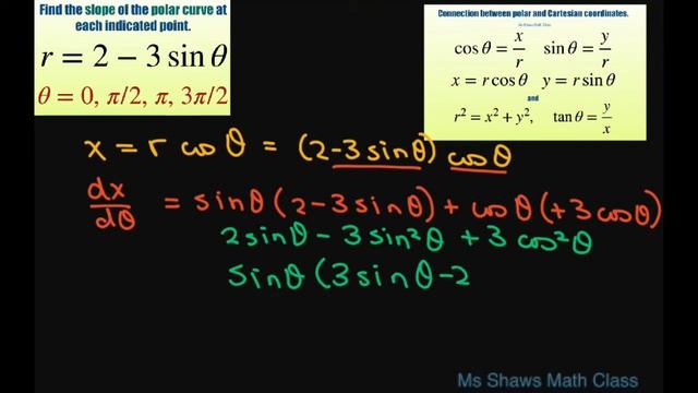 Find slope of polar curve r = 2 - 3 sin theta at points theta = 0, pi/2, pi, 3pi/2 смотреть онлайн