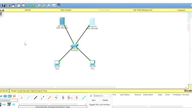 DNS SERVER, MAIL SERVER, SWITCH, and two PC смотреть онлайн