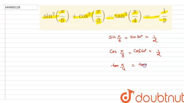 sin^(2) (pi/6)+cos^(2) (pi/3)-tan^(2) (pi/4)=-1/2 | 11 | TRIGNOMETRIC FUNCTIONS | MATHS | NAGEEN... смотреть онлайн