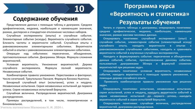 Реализация курса Вероятность и статистика в 7 -10 классах (Малюкова Н. И.) смотреть онлайн