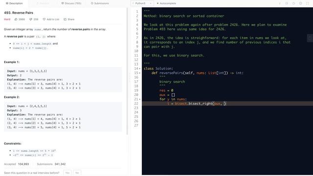 leetcode 493. Reverse Pairs - binary search or sorted container смотреть онлайн