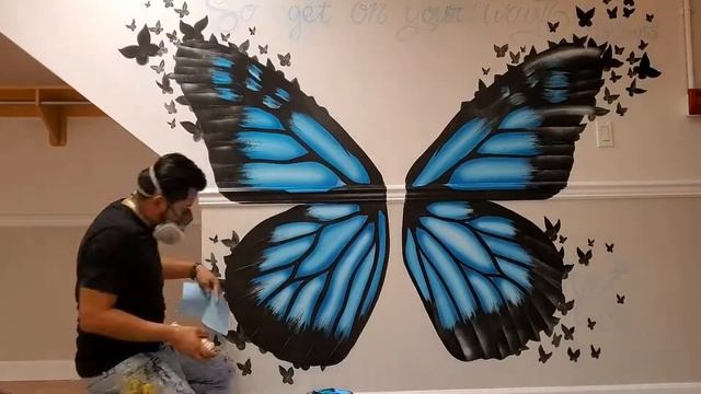 Painting An Indoor Butterfly Mural. (Blue Morpho Butterfly) Full Process Time-lapse Video!! смотреть онлайн