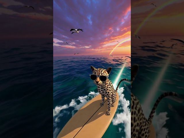 Leopard Cat Riding the Sunset Waves | Surfing Fun смотреть онлайн