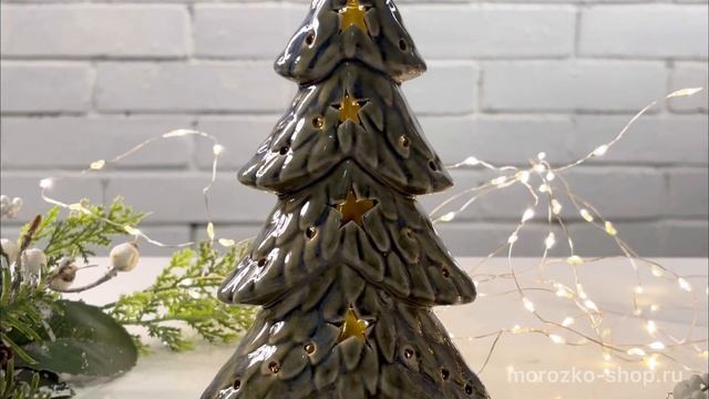 Новогодний светильник ЕЛЬ ТЕЯ, фарфор, зелёный, тёплые белые LED-огни, 20 см, ALX618780-2