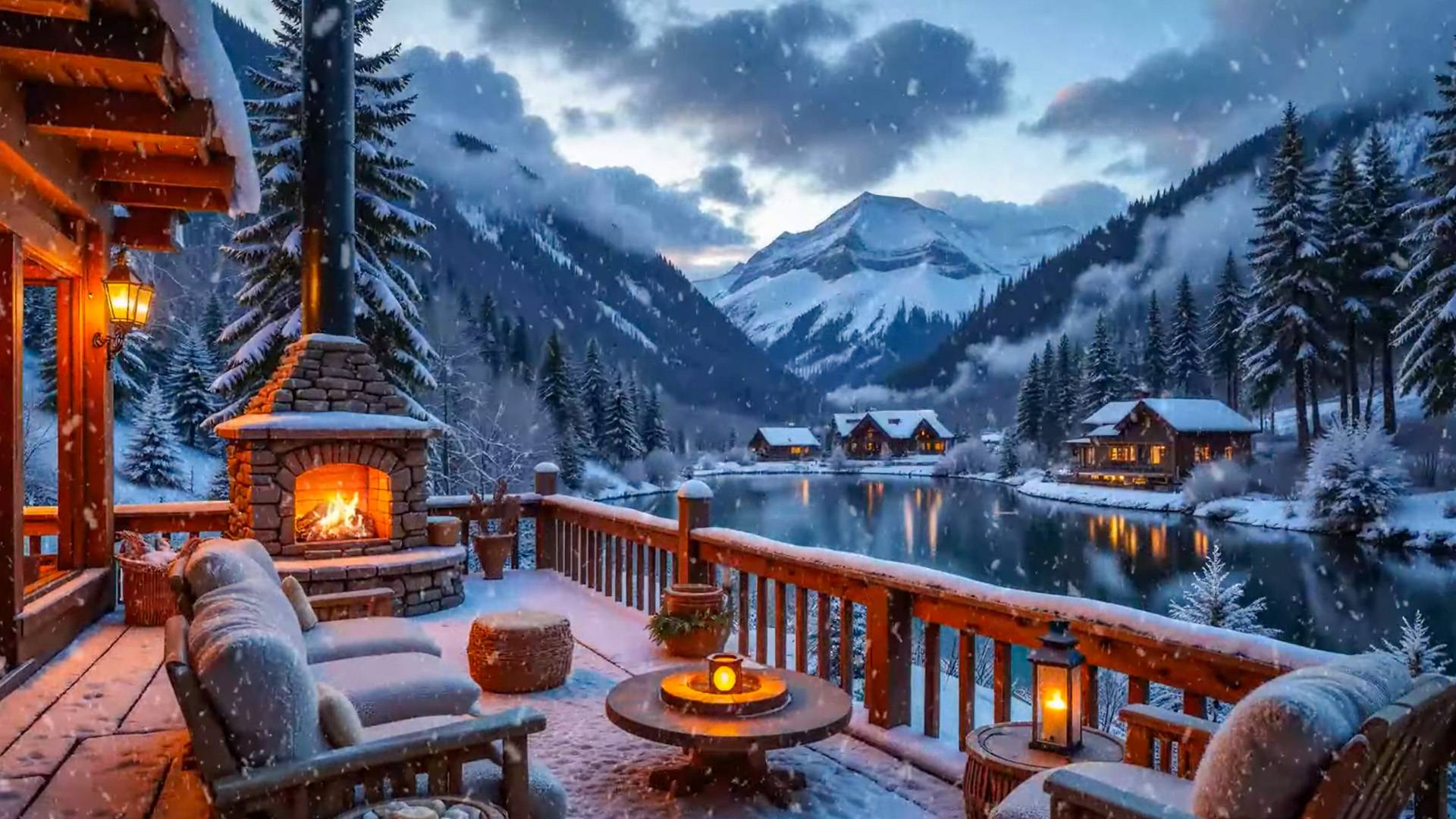 Прекрасный Камин у Дома с Уютным Видом на Озеро | Спокойная Музыкальная Атмосфера на Фоне смотреть онлайн