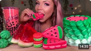 ASMR АРБУЗНЫЙ ТОРТ, ЧАЙ С ЖЕМЧУЖИНАМИ, КЕЙК-ПОПС, МАКАРОН, ПЕЧЕНЬЕ-СЭНДВИЧ, КУСОЧЕК ЖЕЛЕ MUKBANG 먹방