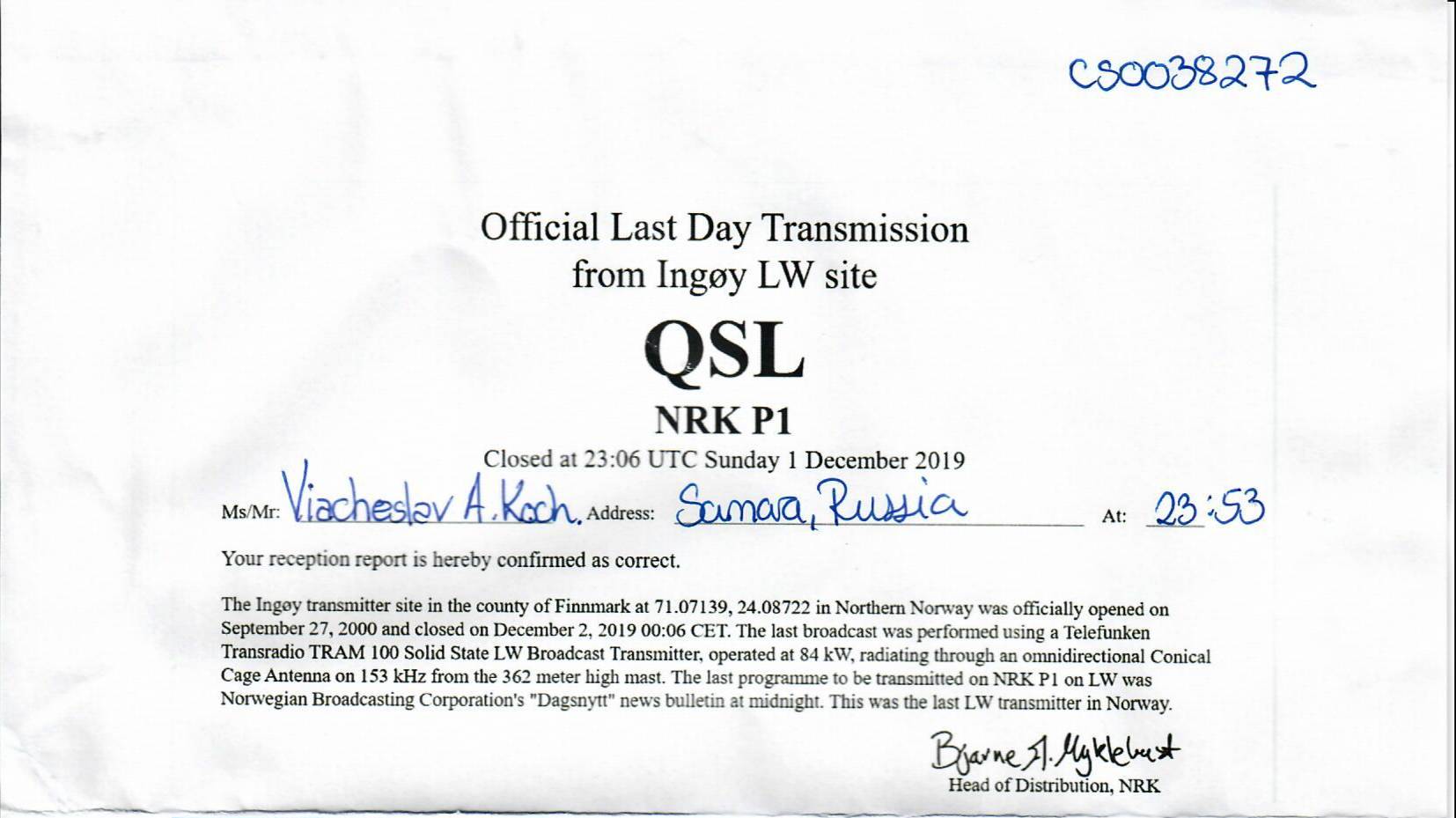 153 kHz Norsk Rikskringkasting NRK P1 (Ingøy, Finnmark, NOR) 01-02.12.2019