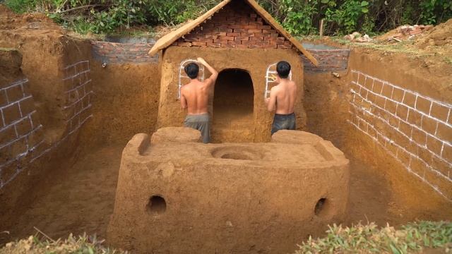 Build Swimming Pool Around The Most Beautiful Underground House With Ancient Skills
