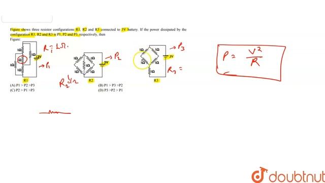 Figure shows three resistor configurations R1,R2 and R3 connected to 3V vattery If the prower смотреть онлайн