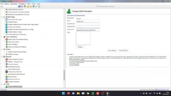 Как изменить OEM информацию через Winaero Tweaker