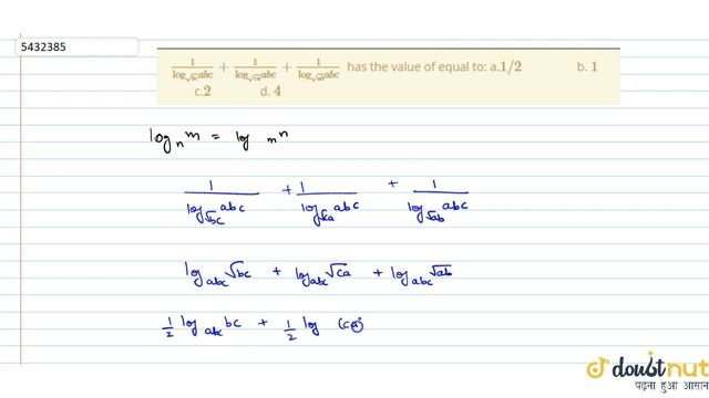 "`1/((log)_(sqrt(b c))a b c)+1/((log)_(sqrt(c a))a b c)+1/((log)_(sqrt(a b))a b c)`has the value of смотреть онлайн