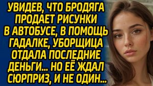 Увидев, что бродяга продает рисунки в автобусе, в помощь гадалке, уборщица отдала последние деньги…