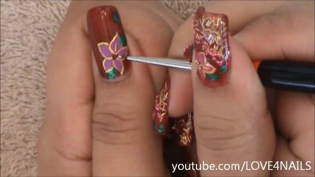 Red Floral Nails Cranberry Colored Beads & Golden String Flakes Nail Art Tutorial смотреть онлайн