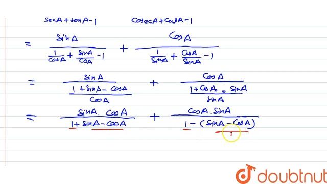"सिद्ध कीजिए -`(sin A )/(sec A+tan A-1)+(cos A)/(cosec A+cot A-1)=1` " смотреть онлайн