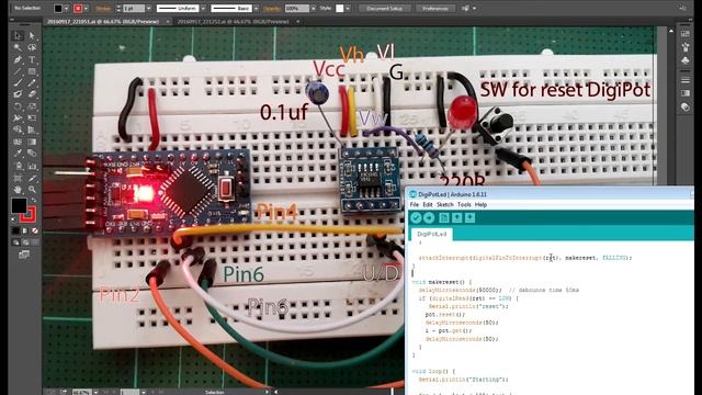 Arudino Pro mini (FT232RL) + X9C104 (or 102/103/503) Digital Potentiometer Module (digipot) смотреть онлайн
