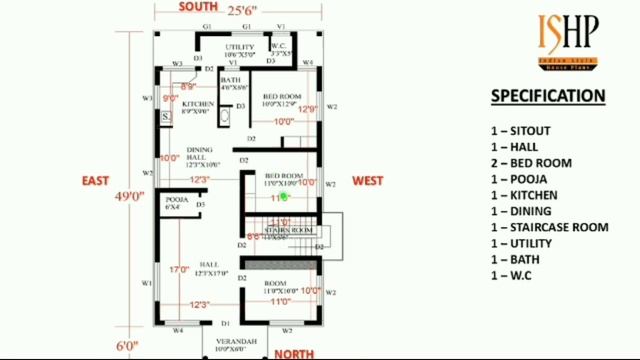 House plans | 25'6" X 49'0" | With Pooja room | vastu house | Simple house. смотреть онлайн