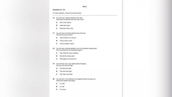 A2 Key (KET) for Schools, Listening test 1 - Task 4 with answer keys