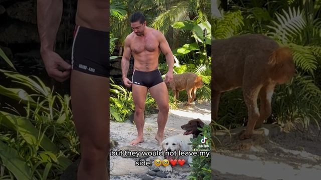 Male Swimsuit Model befriends cute dogs during photo-shoot - Steve Grand GRAND-AXIS Square-Cut смотреть онлайн