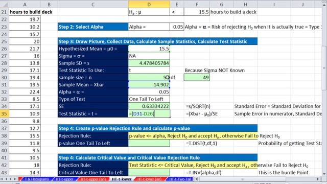 Excel Statistical Analysis 47: Hypothesis Testing with T Distribution, 1 Tail Lower (Left) Test смотреть онлайн