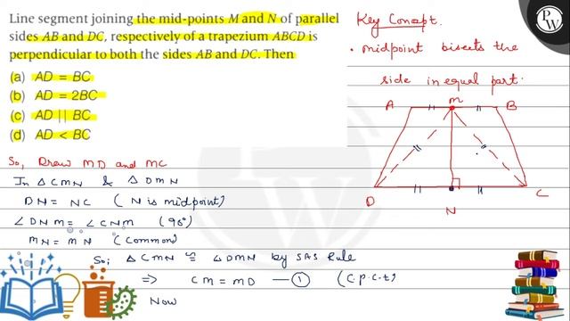 Line segment joining the mid-points \( M \) and \( N \) of parallel sides \( A B \) and \( D C \... смотреть онлайн