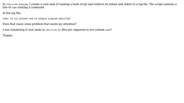 Unix & Linux: Are cron tasks in `/etc/cron.d/` files supposed to not contain `sudo`? смотреть онлайн