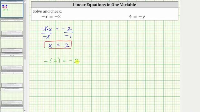 Solve the One-Step Linear Equations -x=-2 and 4=-y смотреть онлайн