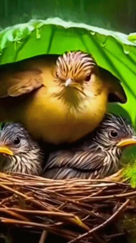 Гнездо,ливень,самка закрывает🐤 птенцов . смотреть онлайн