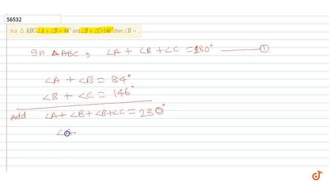 In a `triangle ABC` `angle A+angle B=84^@` and `angle B+angle C`=`146^@`,then `angle B=` , смотреть онлайн