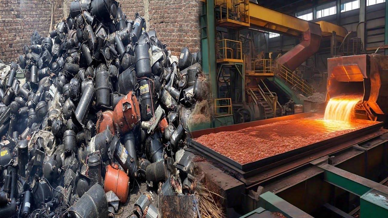 Огромные масштабы! Старый компрессор холодильника перерабатывается на медные стержни смотреть онлайн