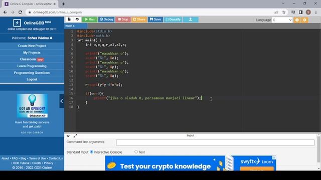 10. Menampilkan akar akar dari persamaan kuadrat (ax^2+bx+c=0) смотреть онлайн