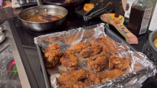Homemade Spicy Honey Barbecue Wings & Fries & Onion Rings!