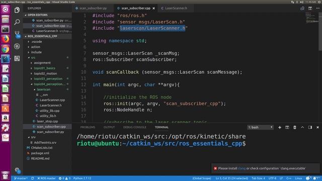 14.10. Write a ROS Node (C++) as a Subscriber to a Laser Scanner смотреть онлайн