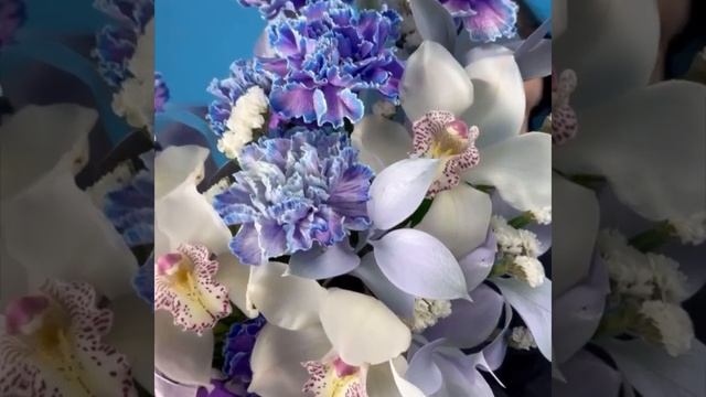 Цветы в коробке Голубые диантусы и орхидеи. Композиция 730. Leora Flowers дом цветочной моды смотреть онлайн