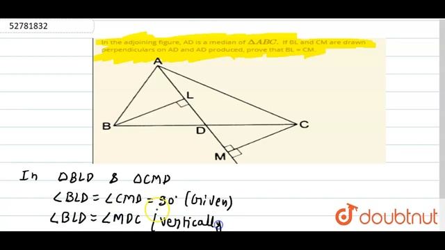 In the adjoining figure, AD is a median of `DeltaABC.` If BL and CM are drawn perpendiculars on AD смотреть онлайн