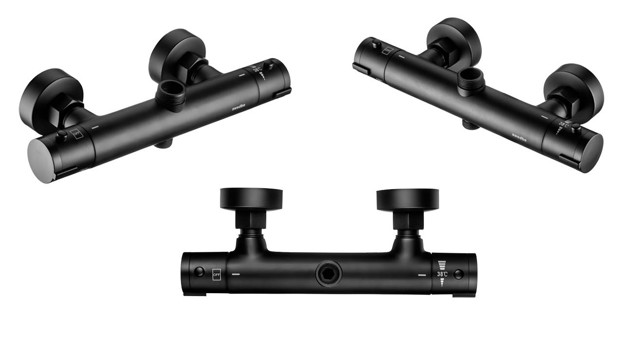 Распаковка черного термостатического смесителя с верхним подключением Swedbe Hermes 9022B смотреть онлайн